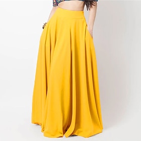 Women's Skirt A Line Swing Long Skirt Maxi High Waist Skirts Pleated Pocket Solid Colored Street Daily Spring Summer Fashion Casual Black Yellow Red