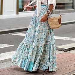 Women's Skirt A Line Swing Long Skirt Maxi High Waist Skirts Ruffle Print Floral Geometric Daily Holiday Summer Fashion Casual Boho Pink Blue Green Light Blue