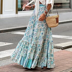 Women's Skirt A Line Swing Long Skirt Maxi High Waist Skirts Ruffle Print Floral Geometric Daily Holiday Summer Fashion Casual Boho Pink Blue Green Light Blue