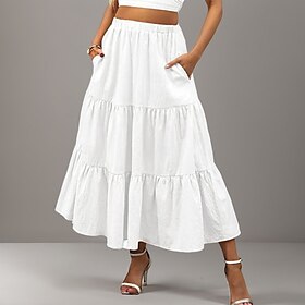 Women's Skirt A Line Swing Maxi Skirts Ruffle Pocket Solid Colored Casual Daily Weekend Summer Fashion Casual Black White Red Light Blue