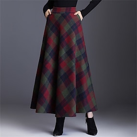 Women's Skirt A Line Swing Plaid Skirt Maxi High Waist Skirts Pocket Print Plaid Street Vacation Winter Elegant Fashion Red Blue Green Khaki