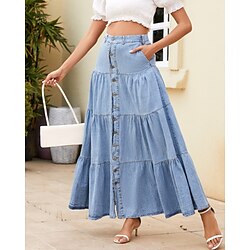 Women's Skirt Denim Midi Skirt Casual Boho Maxi Mid Rise Skirts Plain Ruched Pocket Micro-elastic Vacation Casual Daily Sky Blue Summer Denim
