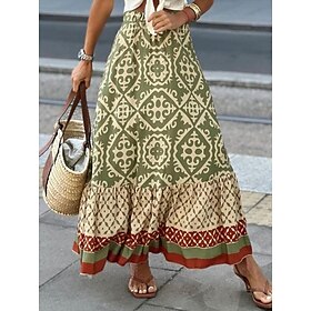 Women's Skirt Maxi Skirt A Line Swing Bohemia Ethnic Casual Maxi High Waist Skirts Floral Print Micro-elastic Vacation Street Black Light Green Blue Purple Sum