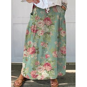 Women's Skirt Maxi Skirt Loose Bohemia coastalgrandmastyle Ethnic Linen Casual Maxi Mid Waist Skirts Floral Floral Micro-elastic Street Daily Light Yellow As