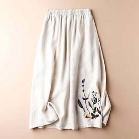 Women's Skirt Swing Basic Casual Maxi Mid Rise Skirts Floral Embroidered Micro-elastic Vacation Street Black Almond Purple Green Summer Cotton