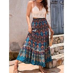 Women's Skirt Swing Bohemia Maxi High Waist Skirts Pleated Print Color Block Floral Vacation Going out Summer Cotton Polyester Vintage Retro Vintage Ethnic Cas