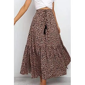 Women's Skirt Swing Casual Maxi High Rise Skirts Leopard Print Micro-elastic Vacation Street Brown Summer Cotton