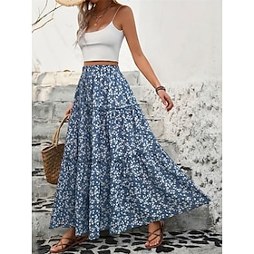 Women's Skirt Swing Fashion Casual Maxi High Waist Skirts Floral Ruffle Print Micro-elastic Casual Daily Weekend Black Blue Summer Polyester