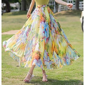 Women's Skirt Swing Long Skirt Fashion Boho Long Summer Maxi Skirts Floral Ruffle Print Vacation Holiday Yellow Light Green Wine Red Summer Chiffon