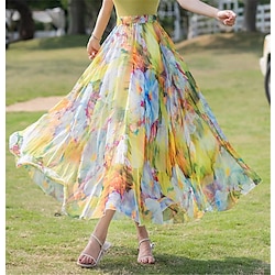 Women's Skirt Swing Long Skirt Fashion Boho Long Summer Maxi Skirts Floral Ruffle Print Vacation Holiday Yellow Light Green Wine Red Summer Chiffon