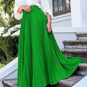 Women's Skirt Swing Maxi High Waist Skirts Pleated Ruffle Solid Colored Street Daily Spring Summer Elegant Fashion Black White Wine Purple