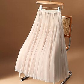Women's Skirt Swing Midi Skirts Ruched Layered Solid Colored Daily Date Spring, Fall, Winter, Summer Elegant Long Apricot Black White Pink