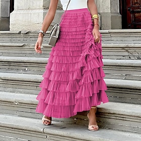 Women's Skirt Swing Tutu Maxi High Waist Skirts Pleated Solid Colored Street Daily Spring Summer Elegant Fashion Casual Apricot Black Khaki Rose Red