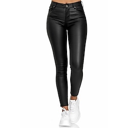 Women's Slim Leather Pants Tights Fashion Streetwear Full Length High Waist Plain Pocket High Cut Thermal Warm Windproof Micro-elastic Outdoor Street Wine Black Blue Spring Fall Regular Fit