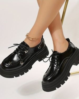 Womens Star Pattern Platform Loafers Fashionable Round Toe Lace Up Shoes Versatile Faux Leather Shoes
