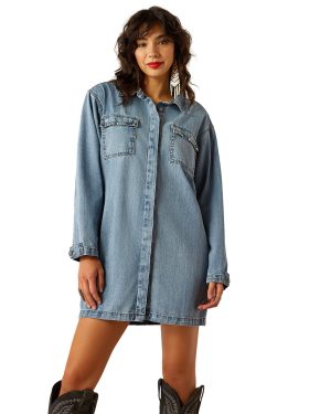Women's Studded Utility Denim Shirt Dress Long Sleeve in Castaway, Size Medium, by Ariat