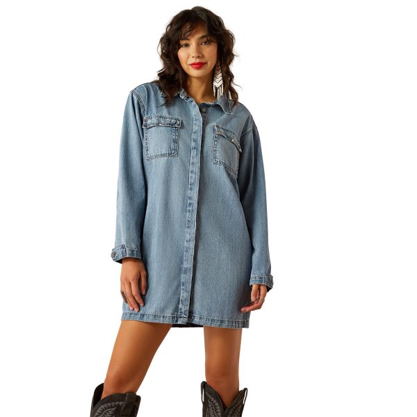Women's Studded Utility Denim Shirt Dress Long Sleeve in Castaway, Size Medium, by Ariat