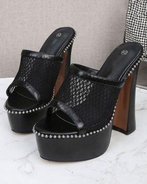 Women's Studed Mesh Platform Chunky Heel Mules