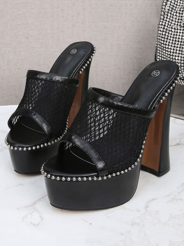Women's Studed Mesh Platform Chunky Heel Mules