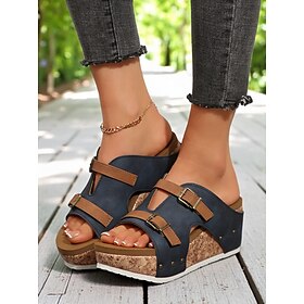 Women's Stylish Dark Blue Cork Wedge Sandals - Double Buckle Closure, Perfect for Outdoor Walks, Casual Gatherings, and Vacation