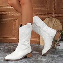 Women's Stylish White Cowboy Boots Mid-Calf Boots with Embroidered Detailing for Casual and Western Outfits