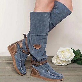 Women's Suede Knee-High Boots with Wedge Heel and Buckle Strap - Bohemian Style Casual Boots in Denim Blue