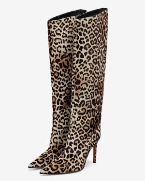 Women's Suede Wide Calf Boots Leopard High Heel Knee High Boots