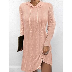 Women's Sweater Dress Casual Soft Pure Color Cable Hooded Knitted Long Sleeve Long Tops Knit Outdoor Daily Weekend Black Pink Fall Winter
