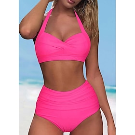 Women's Swimwear Bikini Shorts Swimsuit Halter 2 Piece Criss Cross Stylish Push Up Plain Sleeveless Bathing Suits