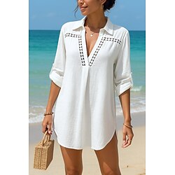 Women's Swimwear Cover Up Swim Dress Swimsuit Cut Out Tropical Beach Wear Plain V Wire Long Sleeve Bathing Suits