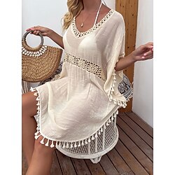 Women's Swimwear Cover Up Swim Dress Swimsuit Fringe Vacation Beach Wear Solid Color V Neck Short Sleeves Bathing Suits