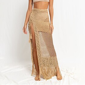 Women's Swimwear Skirt Fashion Beach Wear Casual Maxi High Waist Skirts Solid Colored Cut Out Crochet Vacation Beach Khaki Summer Spandex