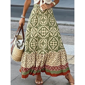 Women's Swing Long Skirt Bohemia Maxi Skirts Ruffle Print Graphic Street Vacation Spring Summer Fashion coastalgrandmastyle Boho Black Light Green Blue Purp