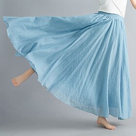 Women's Swing Long Skirt Elegant Summer Maxi Skirts Solid Colored Pleated Casual Daily Black White Yellow Red Spring Fall Cotton Cotton And Linen