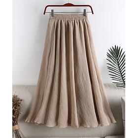 Women's Swing Long Skirt Linen Skirts Midi Skirts Ruched Pleated Solid Colored Daily Going out Spring Summer Cotton Blend Linen Cotton Blend Fashion Basic Cas