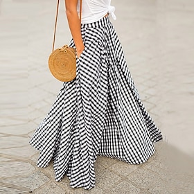 Women's Swing Plaid Skirt Long Skirt Fashion coastalgrandmastyle Basic Summer Maxi Skirts Plaid Tartan Plaid Checkered Pocket Vacation Street Black Blue Summ