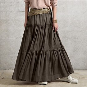 Women's Swing Work Skirts Long Skirt Vintage Summer Maxi Skirts Solid Colored Pleated Ruffle Vacation Causal Black Wine Purple Brown Autumn / Fall Cotton Cotto