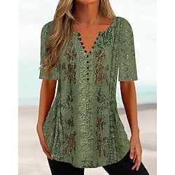 Women's T Shirt Henley Shirt Floral Tunic Basic Short Sleeve Round Neck Regular Tops Holiday Weekend Buttons Print Grass Green Light Green Red Blue Brown