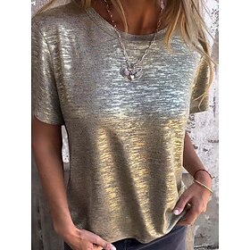 Women's T Shirt Plain Fashion Modern Casual Short Sleeve Crew Neck Regular Tops Daily Weekend Sequins Silver Black Gold Rainbow Summer Spring