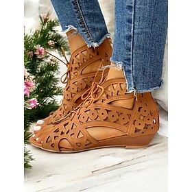 Women's Tan Cut-out Wedge Sandals with Lace-up Design - Comfortable Summer Footwear for Casual Outings