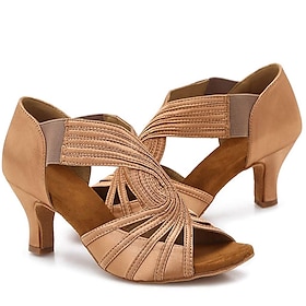 Women's Tan Strappy Latin Dance Shoes - Peep-Toe High Heel Ballroom Sandals with Elastic Straps for Salsa, Tango Performance