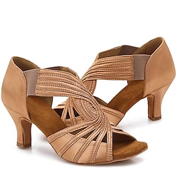 Women's Tan Strappy Latin Dance Shoes - Peep-Toe High Heel Ballroom Sandals with Elastic Straps for Salsa, Tango Performance