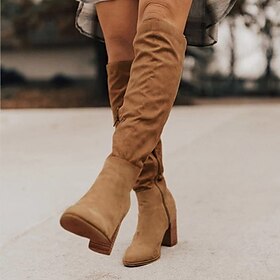 Women's Tan Suede Knee-High Boots with Pointed Toe and Block Heel - Stylish and Comfortable Fall and Winter Footwear