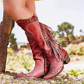 Women's Tan Western Cowboy Boots with Fringe and Studded Details, Vintage Knee-High Boots for Rodeo and Country Outfits