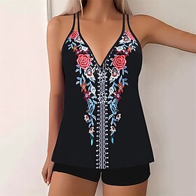 Women's Tankini Two Piece Swimsuit V Neck Swimwear Swimwear Black Purple Breathable Quick Dry Lightweight Sleeveless - Swimming Surfing Beach Summer Spring Plu