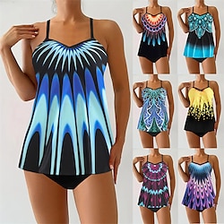 Women's Tankini Two Piece Swimsuit V Neck Swimwear Swimwear Yellow Royal Blue Breathable Quick Dry Lightweight Sleeveless - Swimming Surfing Beach Summer Spring Plus Size