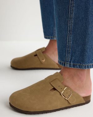 Womens Taupe Suedette Closed Toe Flat Mules