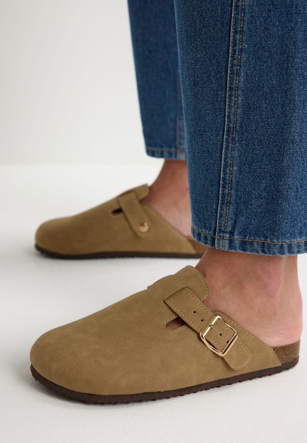 Womens Taupe Suedette Closed Toe Flat Mules