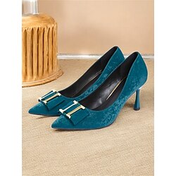 Women's Teal Velvet Pointed Toe Kitten Heel Pumps - Elegant Evening and Office Shoes with Gold Buckle Detail