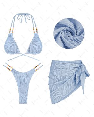 Women's Textured Beading Halter Neck Strappy Flossing Triangle Thong High Cut Bikini Set Cover Up Sarong Skirt 3PC Beach Vacation Swimwear Set Light
